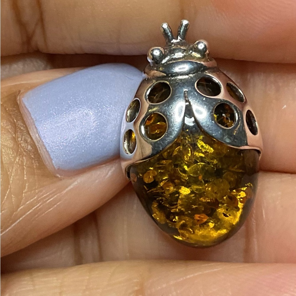 Silver and Amber Ladybug Pendant